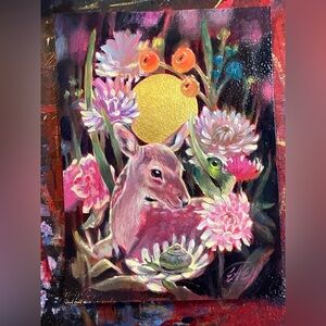 Original Art Painting Deer Flowers Gold accents Whimsical Woodland Nature Decor